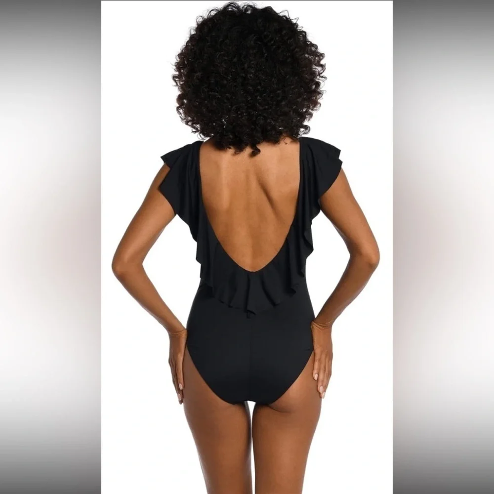 La Blanca Women's Island Goddess Over Shoulder Ruffle Plunge One Piece NWT  10 - Picture 2 of 9
